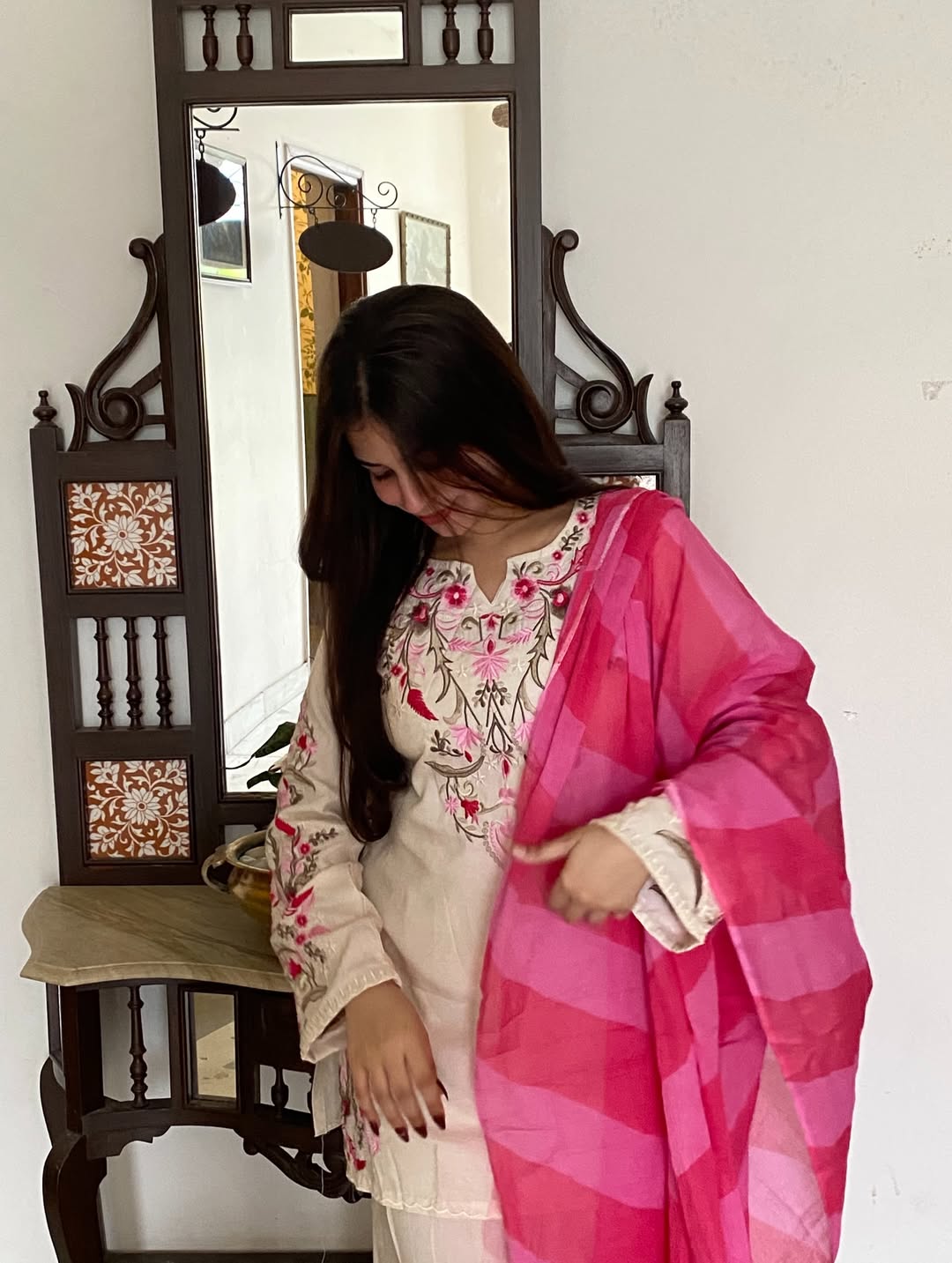 Jaipur Rang Premium White Floral Embroidered Cotton Kurta Pant Set with Dupatta
