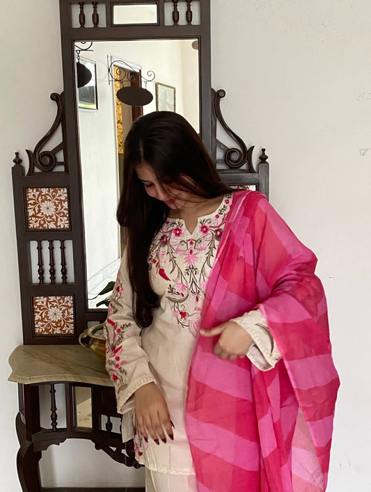 Jaipur Rang Premium White Floral Embroidered Cotton Kurta Pant Set with Dupatta