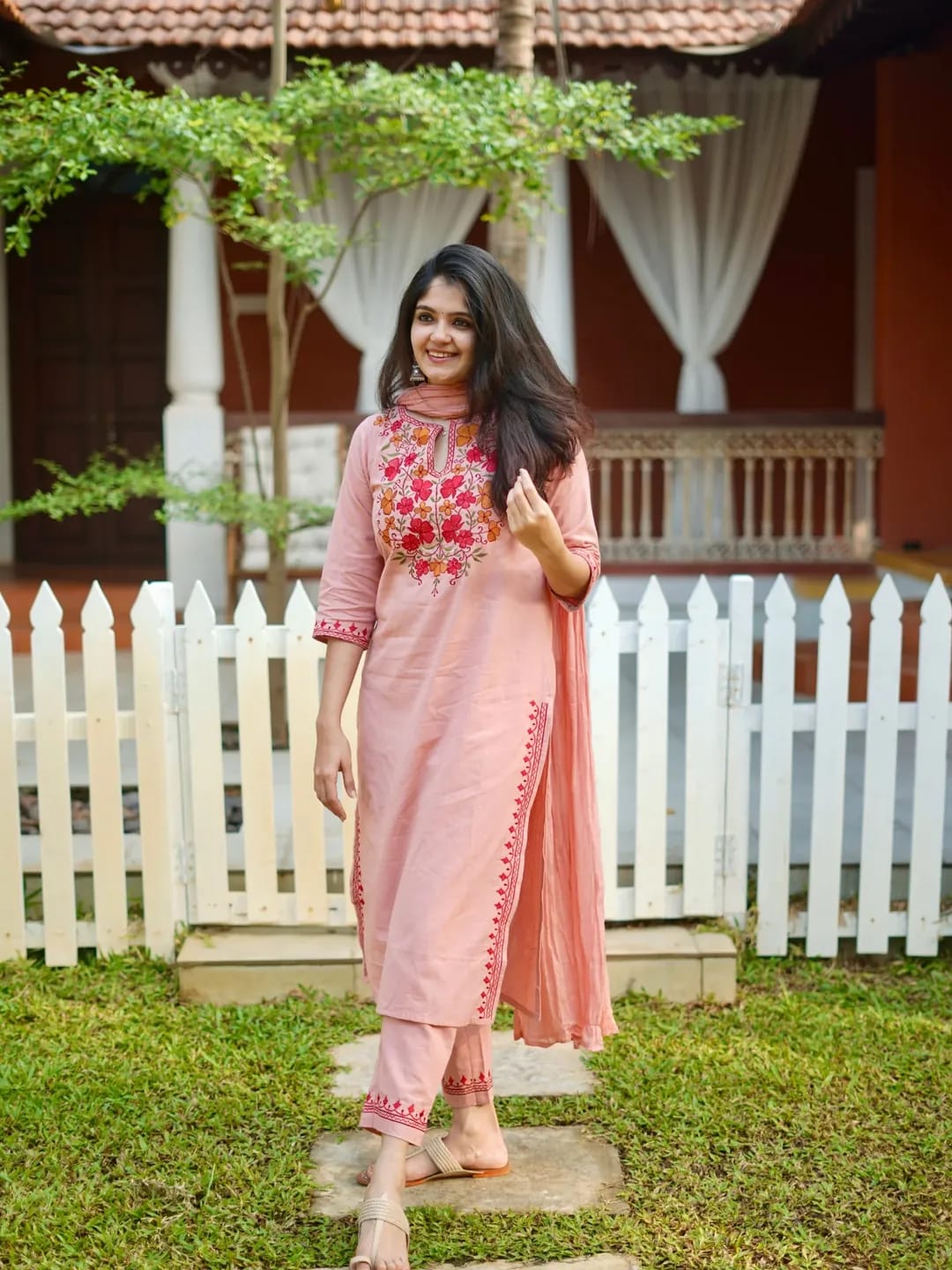 Jaipur Rang Premium Pink Embroidered Cotton Kurta Pant Set with Dupatta