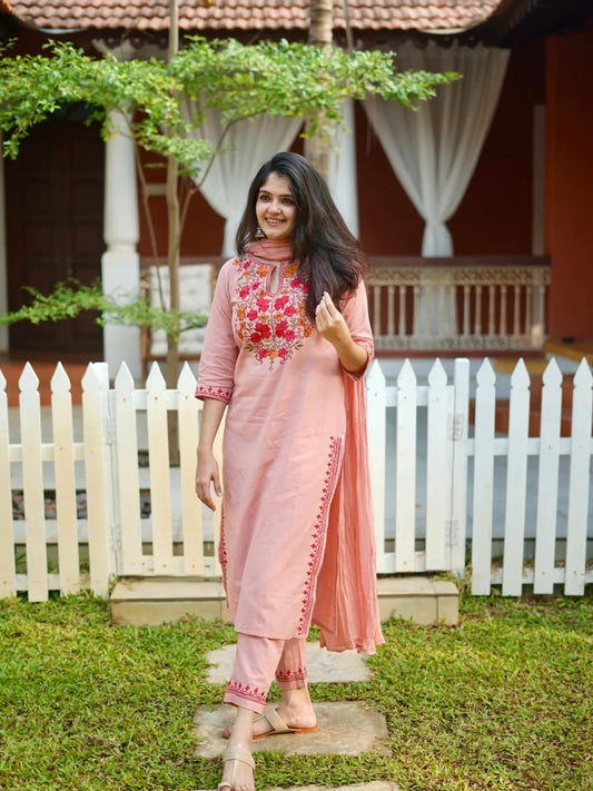 Jaipur Rang Premium Pink Embroidered Cotton Kurta Pant Set with Dupatta