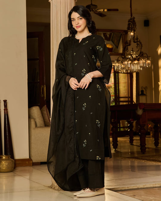 Jaipur Rang Black Embroidered Cotton Suit Set