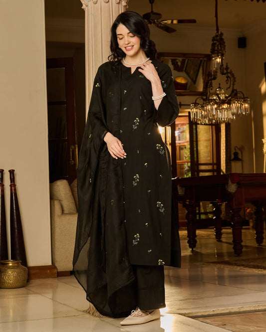 Jaipur Rang Black Embroidered Cotton Suit Set
