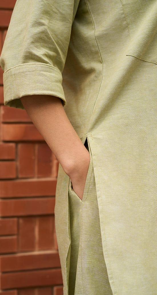 Women's Sage Green Cotton Linen Kurta Set with Wide-Leg Pants