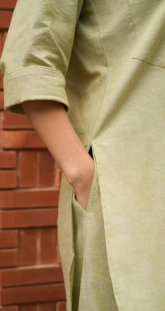 Women's Sage Green Cotton Linen Kurta Set with Wide-Leg Pants