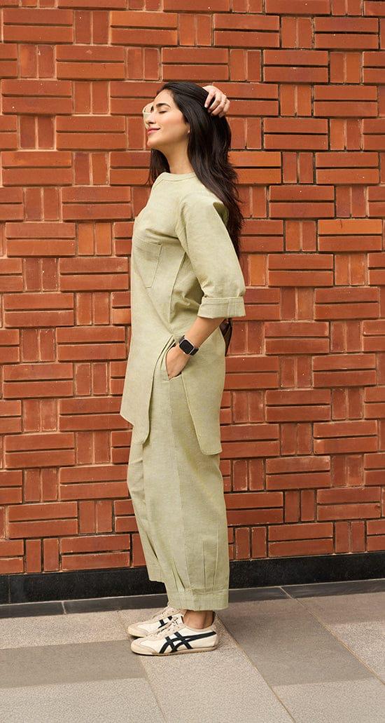 Women's Sage Green Cotton Linen Kurta Set with Wide-Leg Pants
