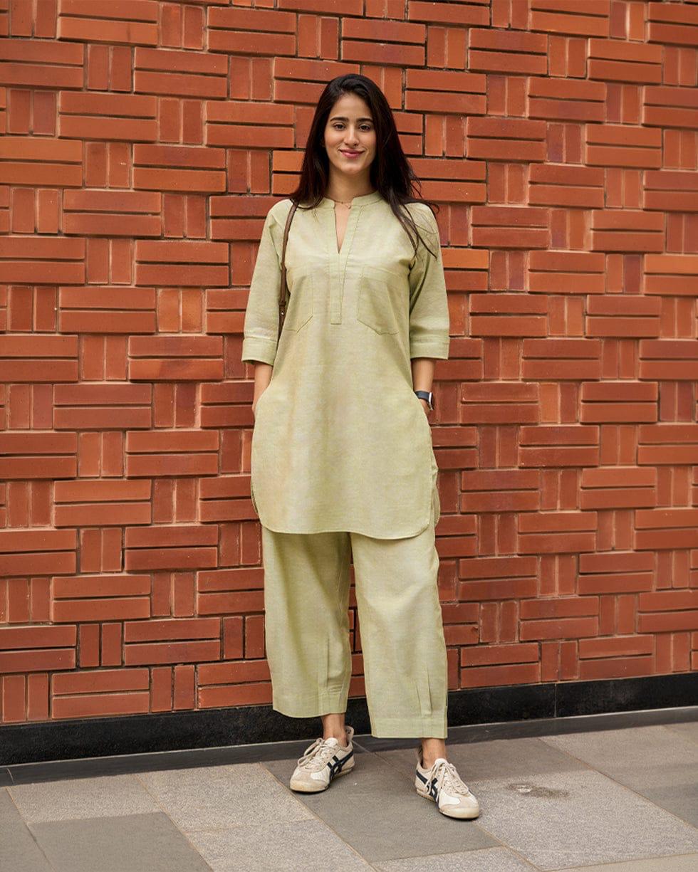 Women's Sage Green Cotton Linen Kurta Set with Wide-Leg Pants