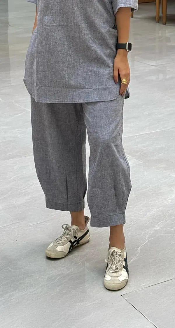 Light Grey Mandarin Collar Split Neck Tunic and Trouser Set