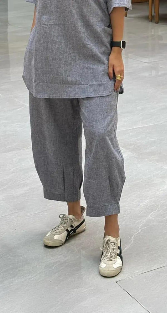 Light Grey Mandarin Collar Split Neck Tunic and Trouser Set