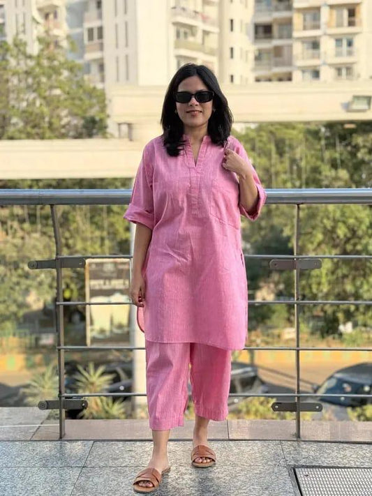Women's Pink Cotton-Linen Co-ord Tunic & Trouser Set