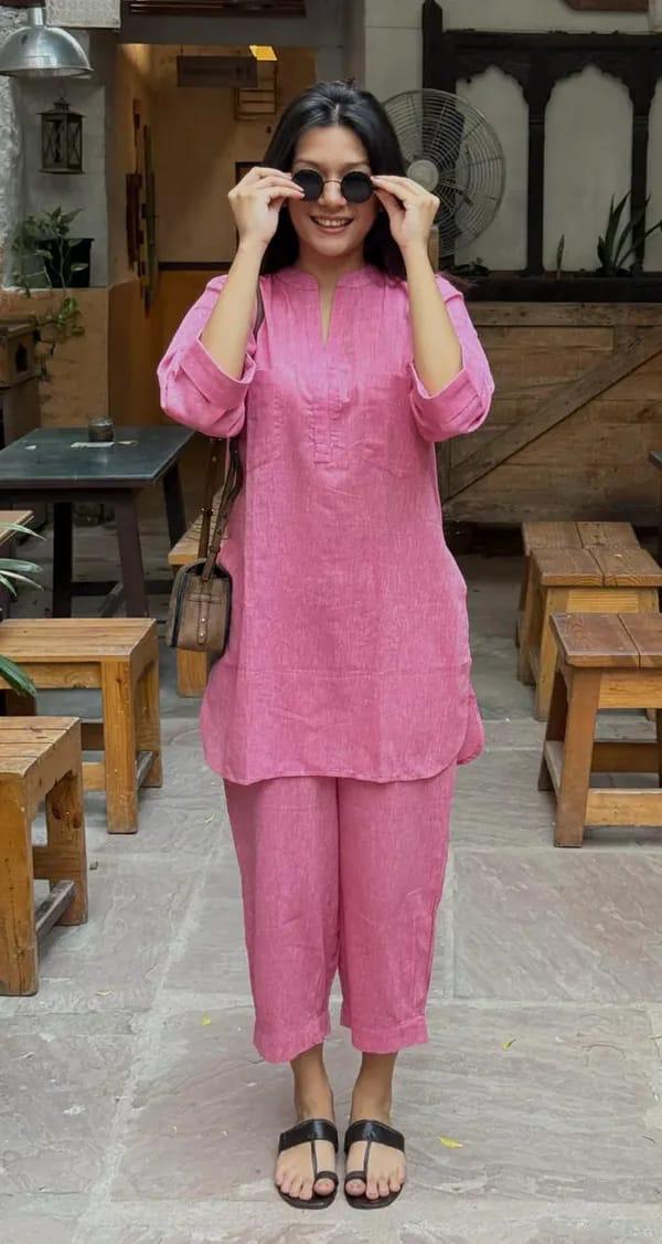 Women's Pink Cotton-Linen Co-ord Tunic & Trouser Set