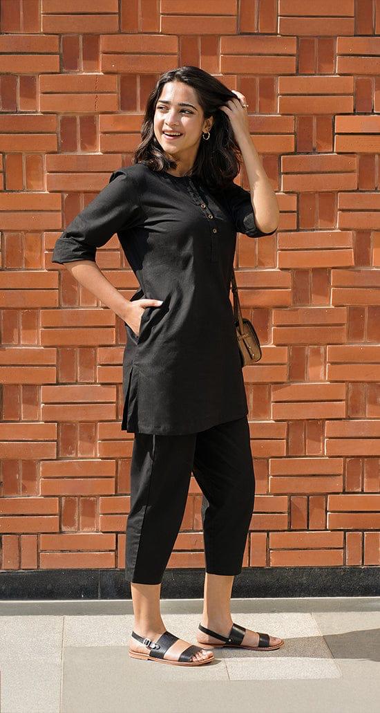 Women's Black Cotton-Linen Co-ord Tunic & Trouser Set