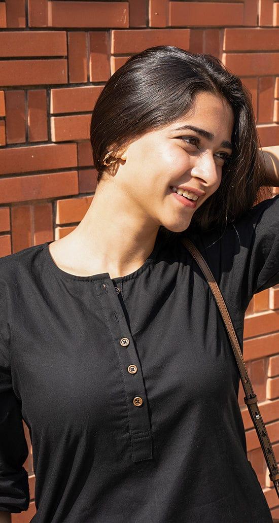 Women's Black Cotton-Linen Co-ord Tunic & Trouser Set