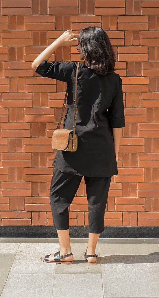 Women's Black Cotton-Linen Co-ord Tunic & Trouser Set