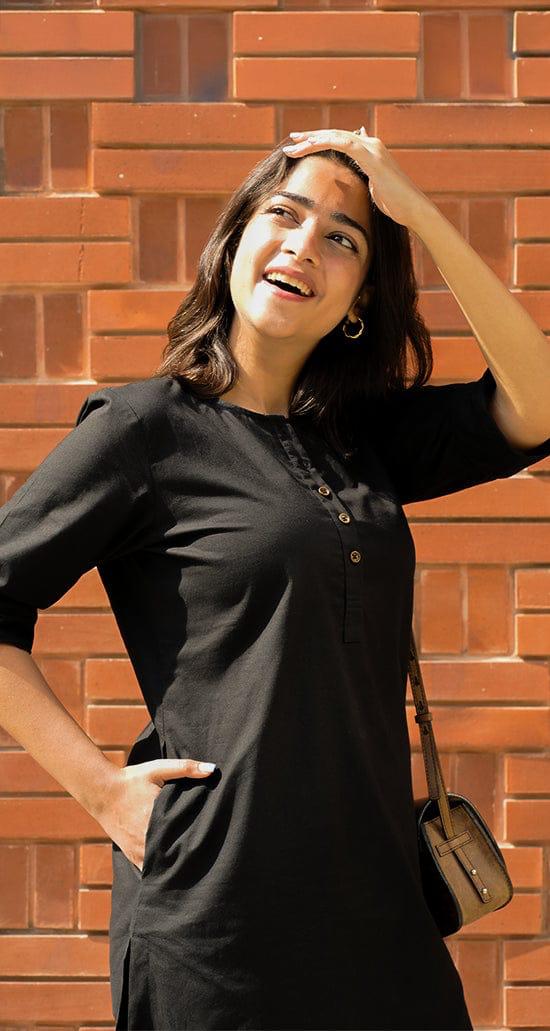 Women's Black Cotton-Linen Co-ord Tunic & Trouser Set