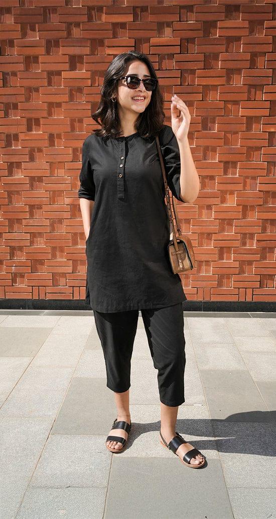 Women's Black Cotton-Linen Co-ord Tunic & Trouser Set