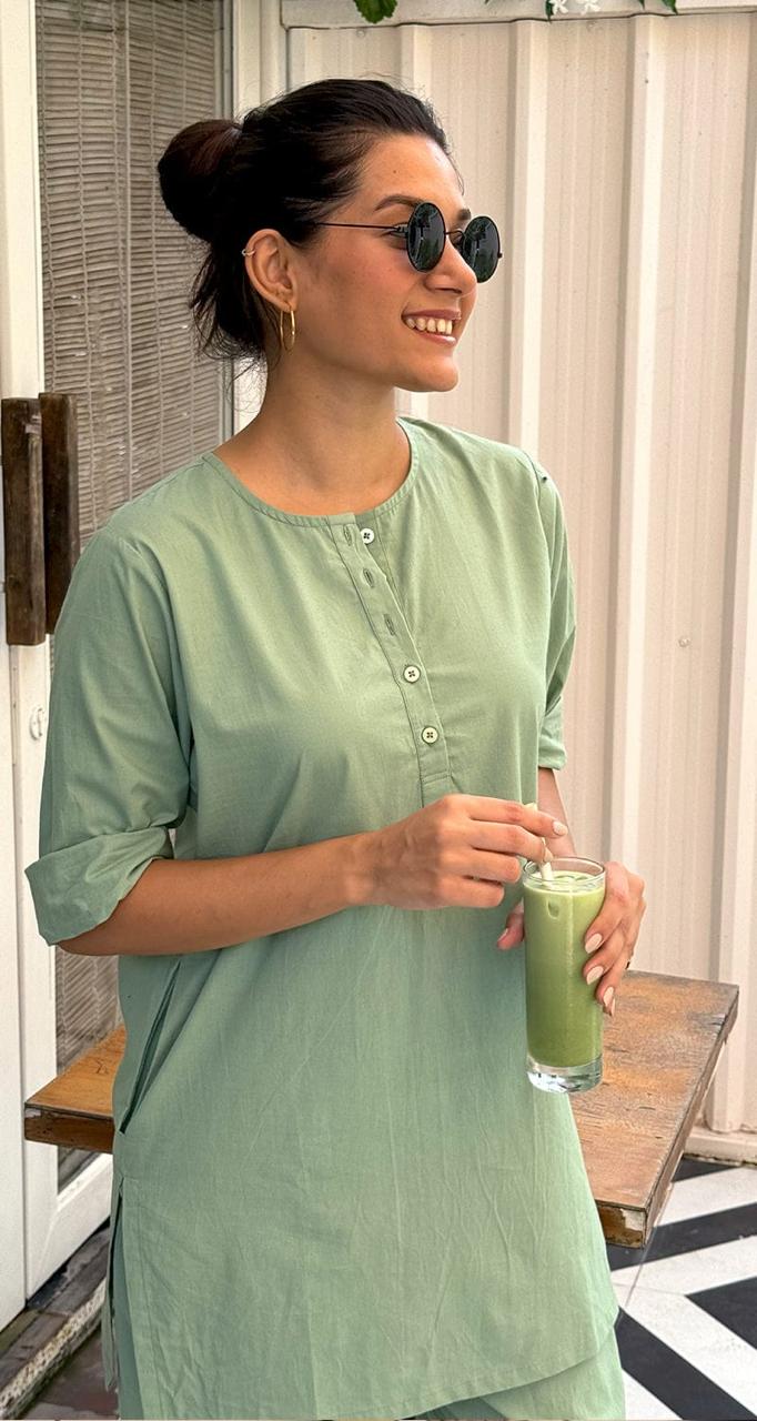 Women's Minimalist Mint Sage Matching Two-Piece Kurta Set