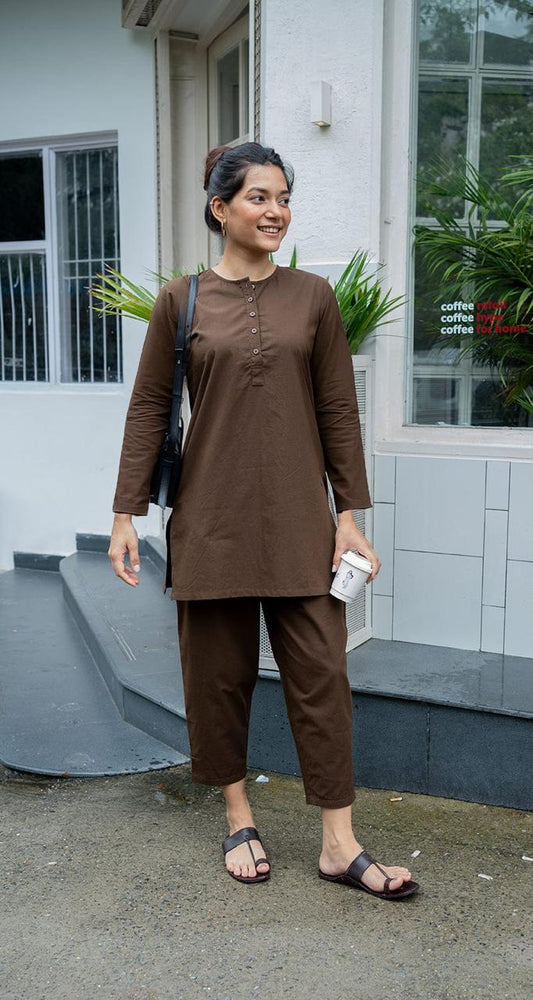 Women's Coffee Brown Cotton-Linen Co-ord Set