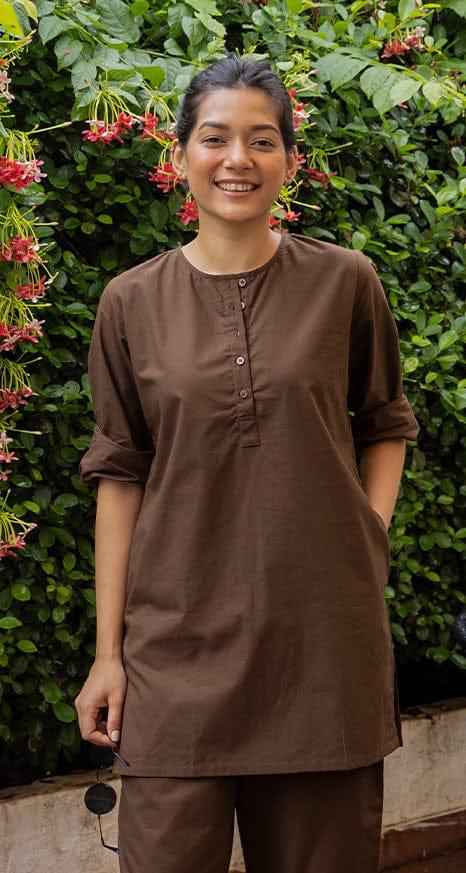 Women's Coffee Brown Cotton-Linen Co-ord Set