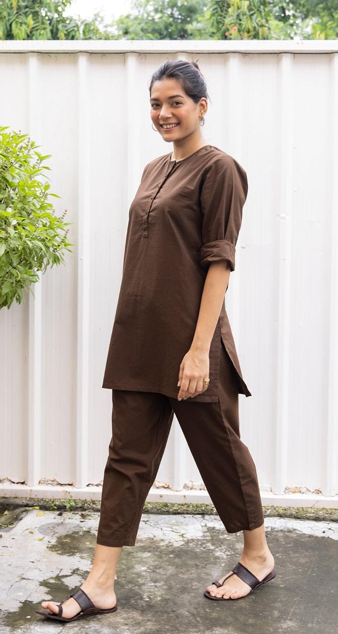 Women's Coffee Brown Cotton-Linen Co-ord Set