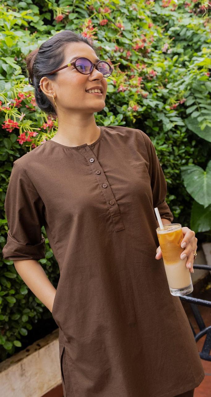 Women's Coffee Brown Cotton-Linen Co-ord Set