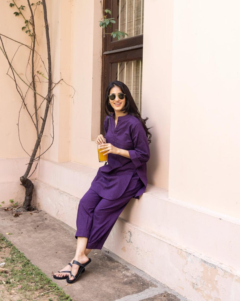 Deep Purple Casual Kurta Set with Pockets for Women