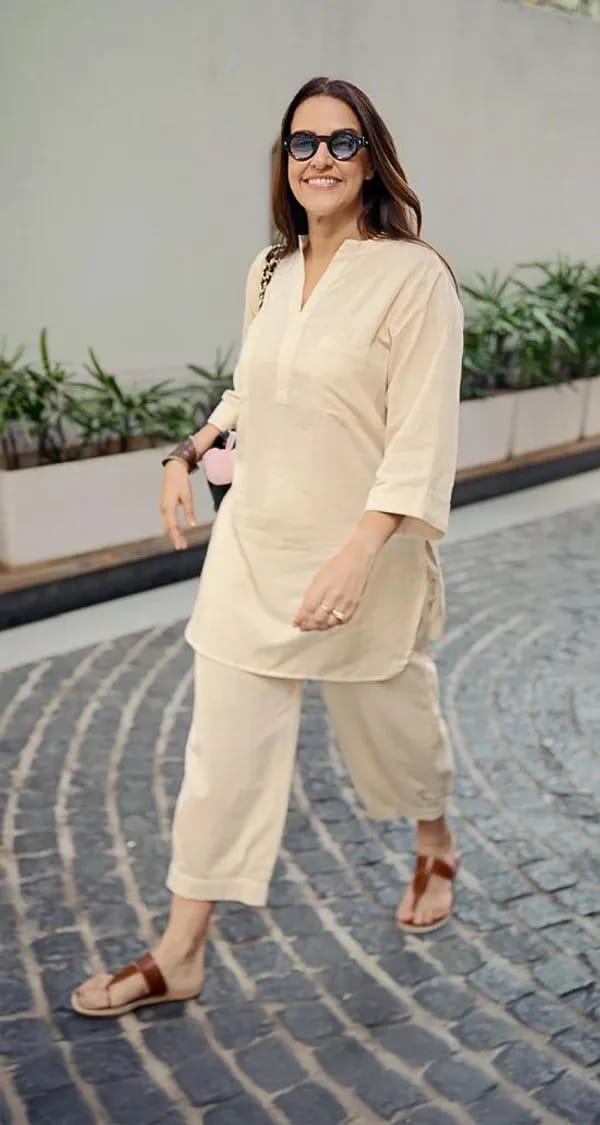 Beige Linen-Blend Casual Kurta and Tapered Pants Co-ord