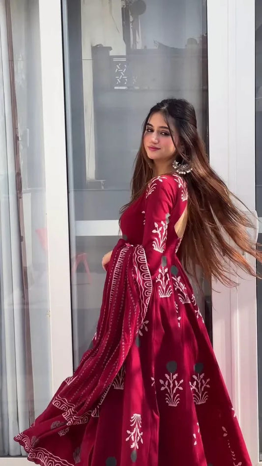 Red Printed Anarkali Gown with Dupatta for Women