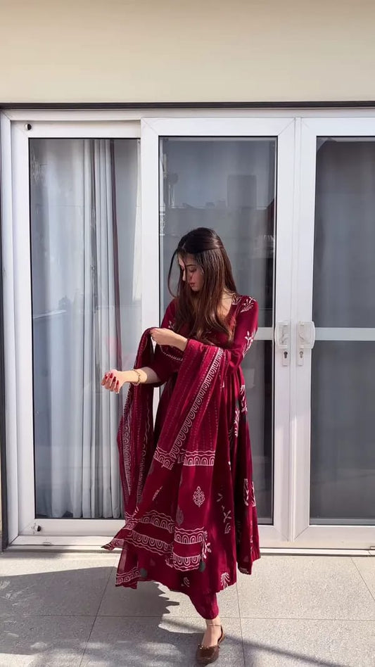 Red Printed Anarkali Gown with Dupatta for Women