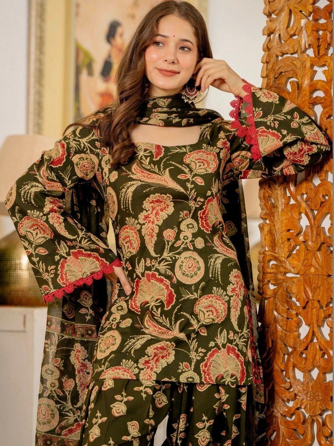 Women Flower Printed Regular Pure Cotton Kurta With Farshi Suit Set