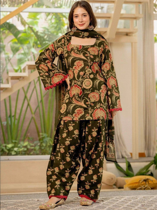 Women Flower Printed Regular Pure Cotton Kurta With Farshi Suit Set