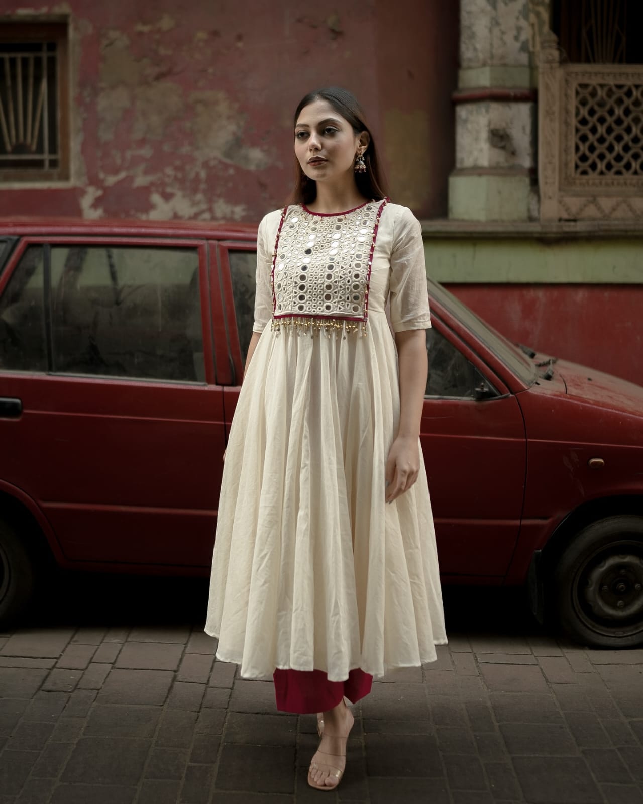 Women Cream Anarkali Kurta Set