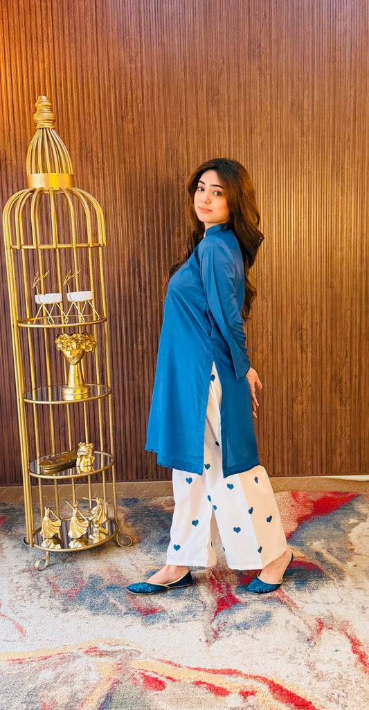 Women Teal Blue Heart Printed Kurta – Stylish Casual Wear | Jaipur Rang