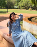 Women Blue Embroidered Straight Kurta