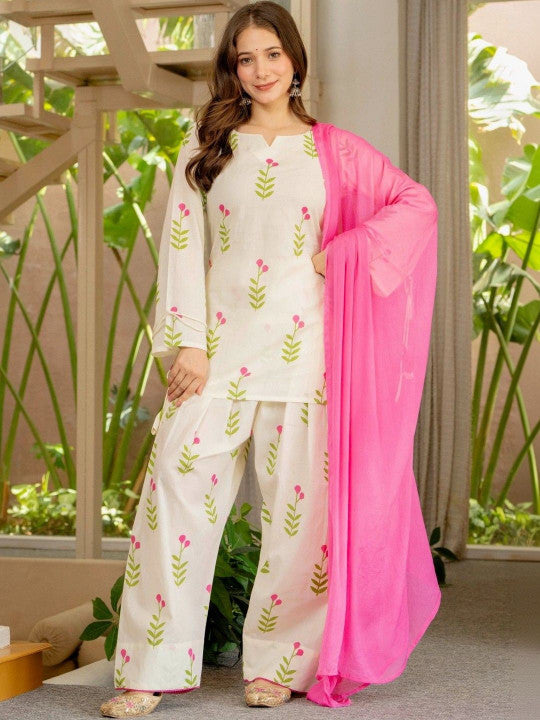 Iovry Pink Floral Printed Regular Pure Cotton Farshi Suit Set