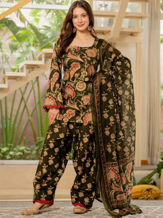 Women Flower Printed Regular Pure Cotton Kurta With Farshi Suit Set