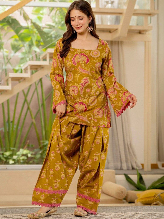 Women Flower Printed Regular Pure Cotton Kurta With Farshi Suit Set