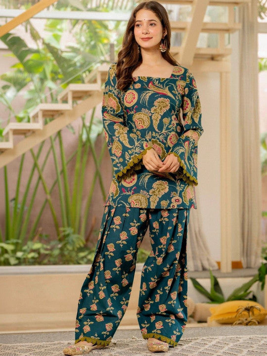 Women Flower Printed Regular Pure Cotton Kurta With Farshi Suit Set