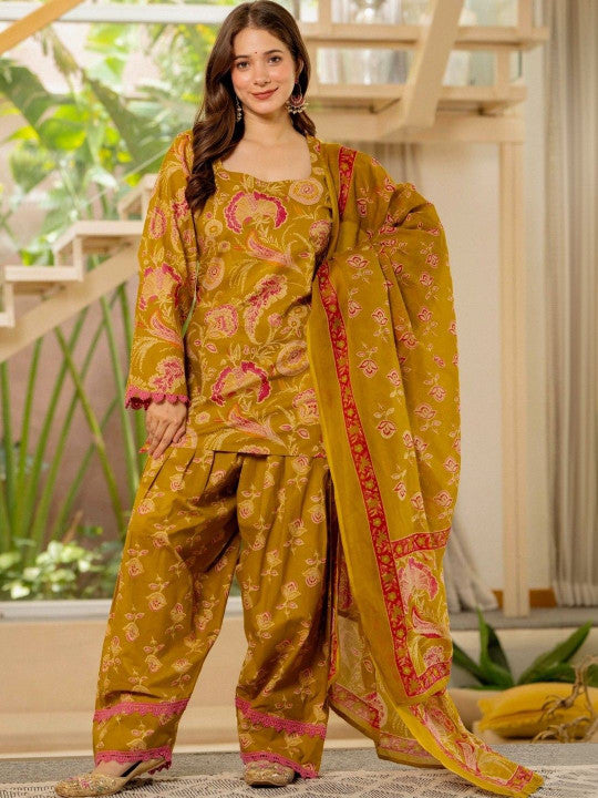 Women Flower Printed Regular Pure Cotton Kurta With Farshi Suit Set
