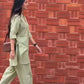 Women's Sage Green Cotton Linen Kurta Set with Wide-Leg Pants